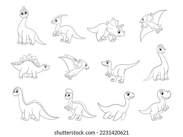 Contorno de dinosaurios, t-rex y pterodáctilo. Dinos de línea aislados en dinosaurios blancos, prehistóricos de dibujos animados. Clíparte de dino infantil, paquete de colorantes vectoriales