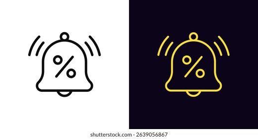 Outline discount bell icon, with editable stroke. Discount reminder for season sale, bell with percentage icon. Discount notification about sell out, special offer, shop bonus alarm. Vector icon