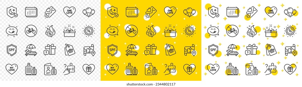 Outline Discount, My love and Bicycle prohibited line icons pack for web with Guard, Map, Search puzzle line icon. Secret gift, Calendar, Romantic gift pictogram icon. Love letter. Vector