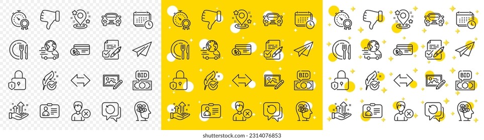 Outline Dish, Remove account and Stress line icons pack for web with Sync, Car, Hypoallergenic tested line icon. Lock, Paper plane, Voting ballot pictogram icon. Payment method. Vector