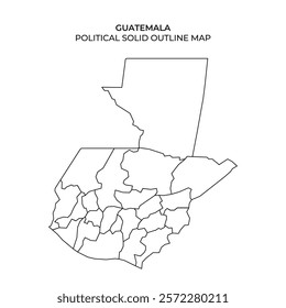 The outline displays the political boundaries of Guatemala, showcasing individual departments without any additional detail or color. Suitable for educational purposes.