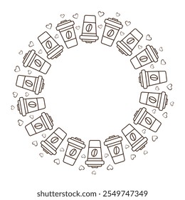 Outline Disposable coffee cups with grain on label and different hearts shape around. Circle Frame