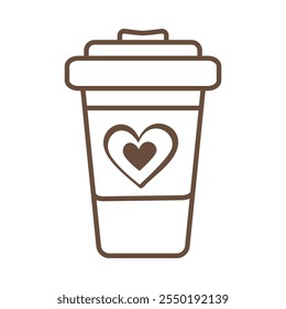 Outline Disposable coffee or tea cup with heart on label in Minimalistic style in trendy soft brown
