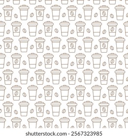 Outline Disposable cups with coffee beans Seamless pattern in trendy minimalism. Coffee Day backdrop