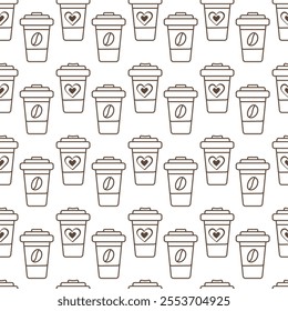 Outline disposable cups with heart or coffee bean on label Seamless pattern Coffee Drink background