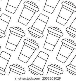 Outline Disposable cups with lid Dynamic Seamless Pattern in trendy minimalistic Takeaway background