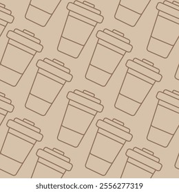 Outline disposable cups with lid Dynamic Seamless pattern in trendy monochrome brown in minimalistic