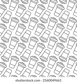 Outline Disposable cups Seamless Pattern in trendy minimalist. Takeaway promo background concept