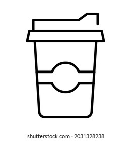 Outline disposable paper coffee cup icon vector illustration. Linear monochrome portable cardboard for carrying hot liquid energy drink isolated. Recycle container for fresh caffeine beverage takeaway