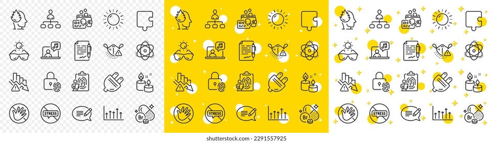 Esquema No tocar, gráfico de crecimiento e iconos de línea de máscara médica empacan para web con vela Aroma, estrés, icono de línea de enchufe eléctrico. Deflación, gafas de sol, icono del pictograma de energía solar. Vector