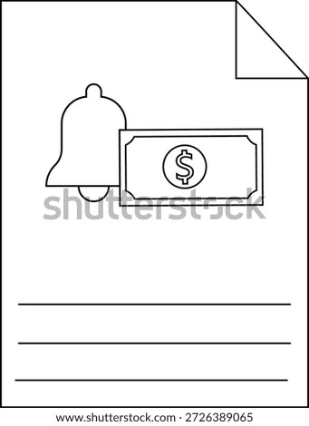 Outline of a document with a bell and dollar bill atop text lines