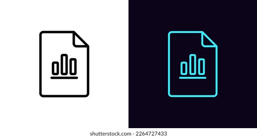 Icono de archivo de documento de esquema, con trazo editable. Marco de documento con signo de gráfico de barras, pictograma de informe de datos. Previsión financiera, información estadística, página con resultados. Icono de vector para animación