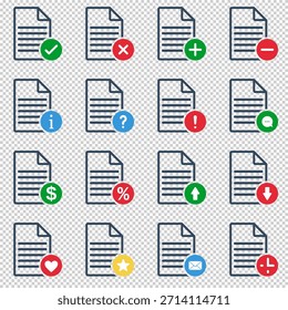 conjunto de ícones de documento de estrutura de tópicos, sinal de relatório de traço preto com símbolo de ação colorido, página da web ou coleção de pictogramas estilo de linha de aplicativo móvel, contrato comercial ou acordo legal