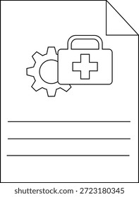 Contorno da página do documento com uma engrenagem e um símbolo de kit de primeiros socorros na parte superior e 3 linhas para texto