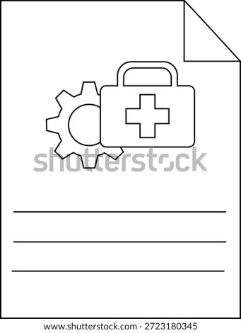 Outline of document page with a gear and first aid kit symbol on top and 3 lines for text