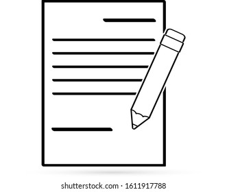 Outline document with pencil icon isolated on white. Flat design. School symbol. Sticker business icon. Checklist document icon. Sketch vector stock illustration