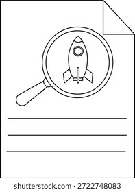 Esquema de un documento que muestra un cohete bajo una lupa con líneas para texto