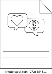 Outline of document with speech bubbles showing heart and dollar symbols above writing lines
