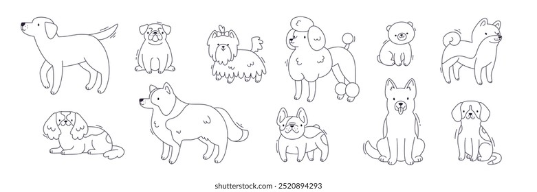 Outline dog breeds set. Sketch vector purebred dogs collection. Line puppies icon bundle. 