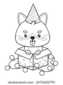 Outline dog Shiba Inu with in birthday cap in gift box with festive garland. Cute holiday cartoon kawaii character pet. Line drawing, coloring book. Vector illustration. Kids collection