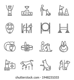 Outline dog training icon set vector illustration. Simple linear care activity course veterinarian center of domestic animal isolated on white. Collection of contoured pet and owner playing equipment svg