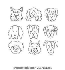 Outline dogs faces on white. Ink black and white dog portraits in doodle hand drawn style. 