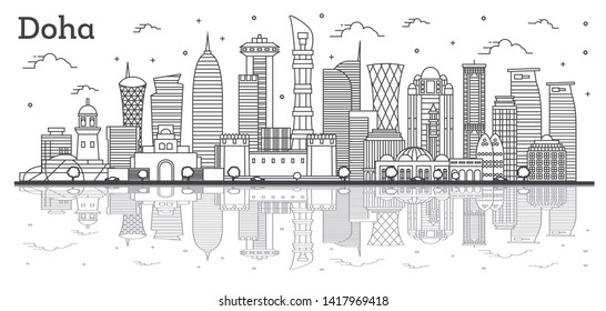 Outline Doha Qatar City Skyline with Modern Buildings and Reflections Isolated on White. Vector Illustration. Doha Cityscape with Landmarks.