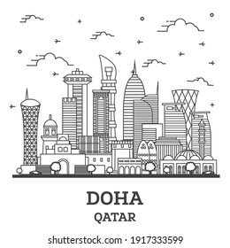 Outline Doha Qatar City Skyline with Modern Buildings Isolated on White. Vector Illustration. Doha Cityscape with Landmarks.