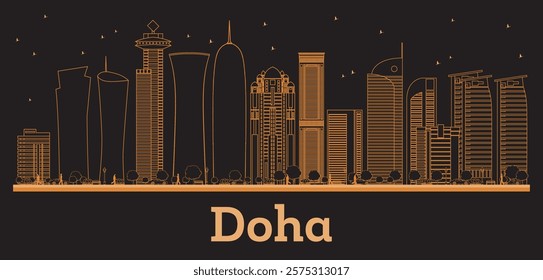 Outline Doha Qatar City Skyline with orange Buildings. Vector Illustration. Business Travel and Concept with Modern Architecture. Doha Cityscape with Landmarks.
