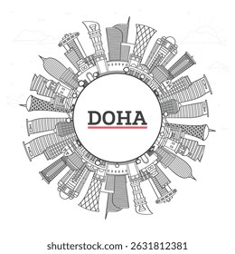 Outline Doha Qatar City Skyline with Modern Buildings and copy space Isolated on White. Vector Illustration. Doha Cityscape with Landmarks.