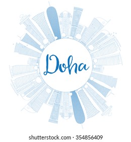 Outline Doha skyline with blue skyscrapers. Vector illustration. Business and tourism concept with skyscrapers and copy space. Image for presentation, banner, placard or web site