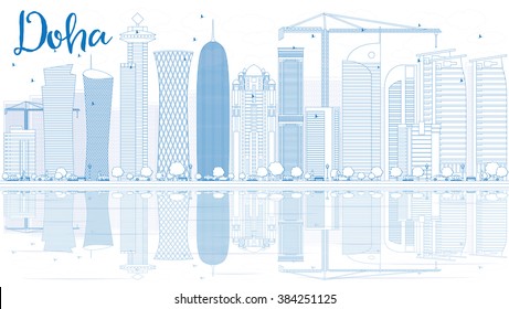 Outline Doha skyline with blue skyscrapers. Vector illustration. Business and tourism concept with copy space. Image for presentation, banner, placard or web site