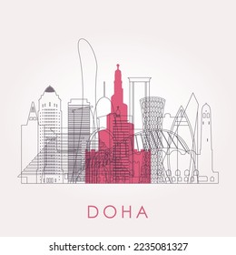 Outline Doha skyline with landmarks. Vector illustration. Business travel and tourism concept with historic buildings. Image for presentation, banner, placard and web site.