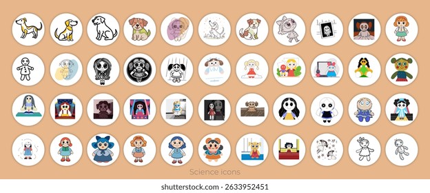 Outline doll icon, dog logo template, and silhouette art of ant, Pen icon, birds, art Vector set,