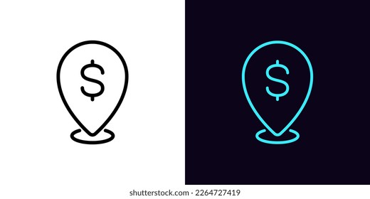 Outline dollar pointer icon, with editable stroke. Map pin frame with dollar sign, bank location pictogram. ATM with money cash, currency exchange point, place payment. Vector icon for Animation