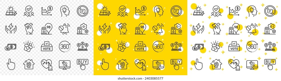 Outline Dollar rate, Filling station and Solar panels line icons pack for web with Hand click, Approved group, Love gift line icon. Idea head, Monitor repair, Mute sound pictogram icon. Vector