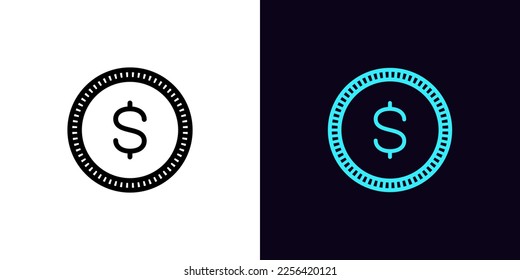 Icono de símbolo del dólar de contorno, con trazo editable. Marco de símbolo con signo de dólar, pictograma de moneda de USDT. Transacción de token USD digital, intercambio de criptodivisa, cartera de dinero virtual. Icono de vector