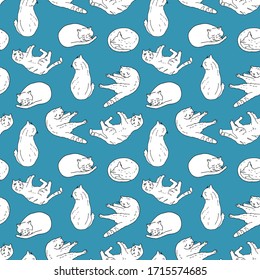 Outline domestic cat in different poses seamless pattern. Cute kittens sitting, playing, sleeping. Hand drawn contour vector illustration on blue background for textile, pet shop, print, card