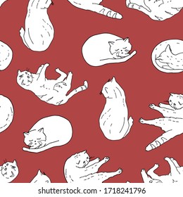 Outline domestic cat in different poses seamless pattern. Cozy home with kitten sitting, playing, sleeping. Hand drawn contour vector illustration on red background for textile, pet shop, print, card