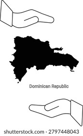 Outline of the Dominican Republic map with two hands supporting it from above and below