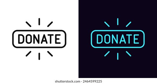 Outline donate icon, with editable stroke. Donate button with rays. Donation in social media, online fundraise, give money gift, sponsor and support by donation, help and charity. Vector icon