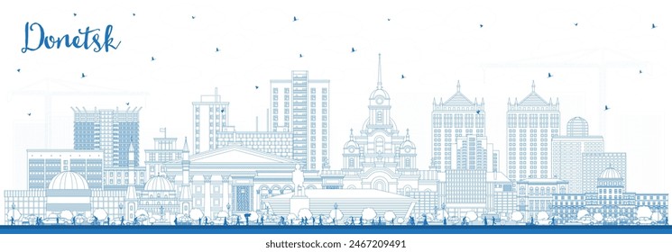 Contorno del horizonte de la ciudad de Donetsk con edificios azules. Ilustración vectorial. Paisaje urbano de Donetsk con Lugares famosos. Concepto de viajes de negocios y turismo con arquitectura moderna e histórica.