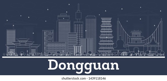 Outline Dongguan China City Skyline with White Buildings. Vector Illustration. Business Travel and Tourism Concept with Modern Architecture. Dongguan Cityscape with Landmarks.