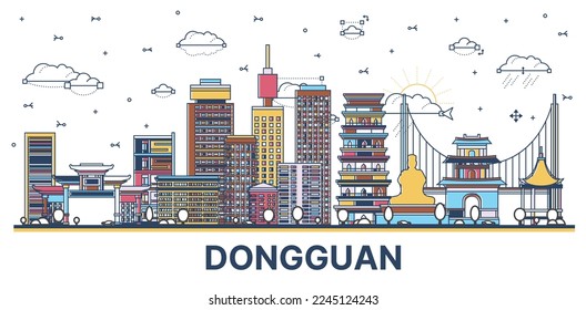 Outline Dongguan China City Skyline with Colored Historic and Modern Buildings Isolated on White. Vector Illustration. Dongguan Cityscape with Landmarks.