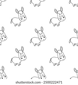 outline donkey seamless pattern, vector illustration with farm animal