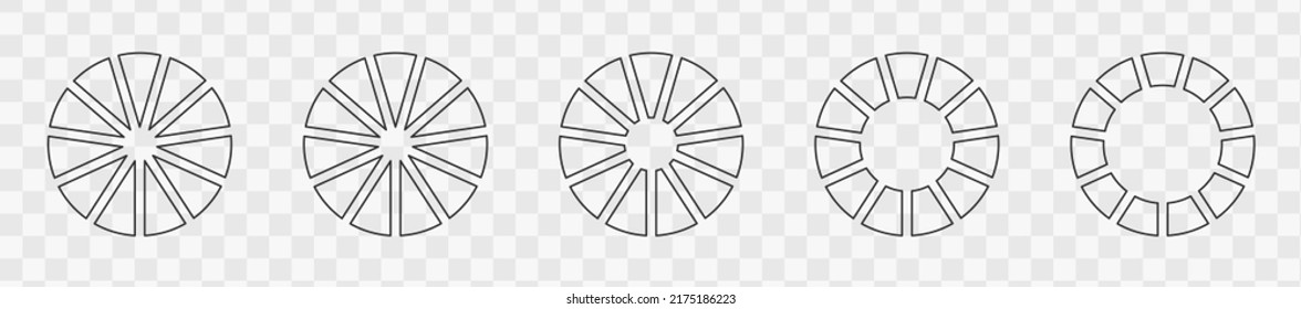 Outline donut charts or pies segmented on 11 equal parts. Set of infographic wheels divided in eleven sections. Circle diagrams isolated on transparent background. Vector graphic illustration