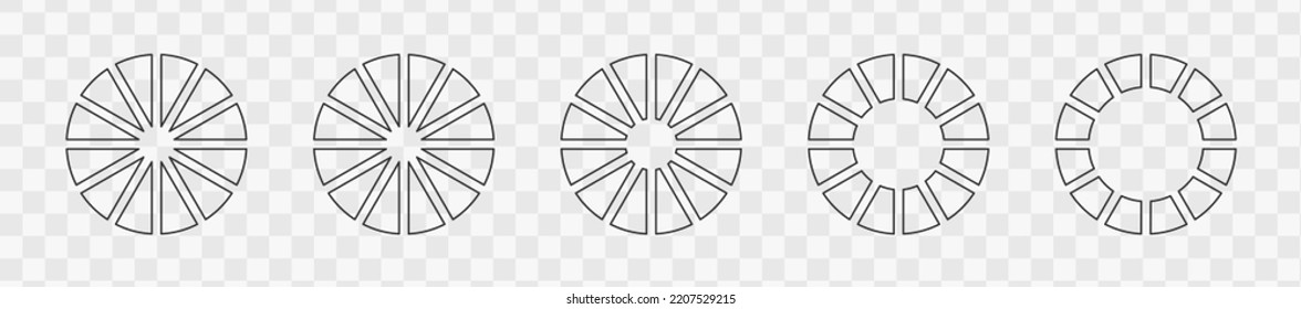 Outline Donut Charts Or Pies Segmented On 12 Equal Parts. Set Of Infographic Wheels Divided In Twelve Sections. Circle Diagrams Or Loading Bars On Transparent Background. Vector Graphic Illustration