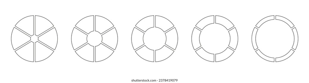 Esquema de gráficos o pasteles segmentados en 6 partes iguales. Ruedas redondeadas divididas en seis secciones. Conjunto de infografías de diagramas. Dibujo de línea de gráfico de sección circular. Icono sencillo de gráfico circular. Elemento vector geométrico.