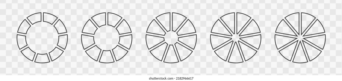 Esquema de los gráficos o de los gráficos separados en 9 partes iguales. Conjunto de ruedas infográficas segmentadas en nueve fracciones. Diagramas redondos aislados en fondo transparente. Ilustración gráfica del vector