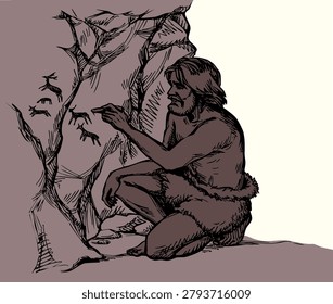 Outline doodl black ink arm drawn past Archaic age fur skin scrawl line depict life figure cavern grotto wall. Young guy grab grasp grip hold bow arrow shoot deer body herd attack violence early neolith violent cro magnon fight cult artwork sign icon